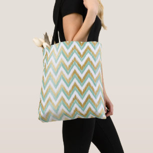 Tote Bag Vert et Faux Gold Foil Chevron Ikat Motif