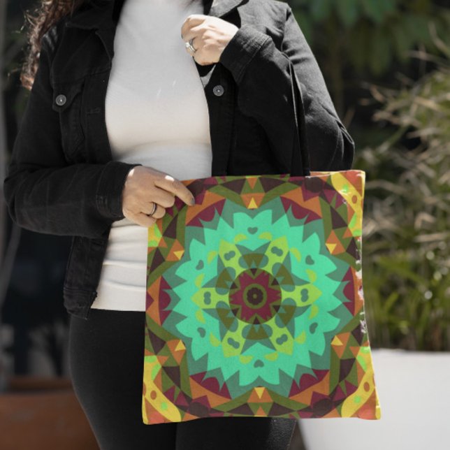 Tote Bag Vert fleur Mandala rétro violet et orange (Créateur téléchargé)