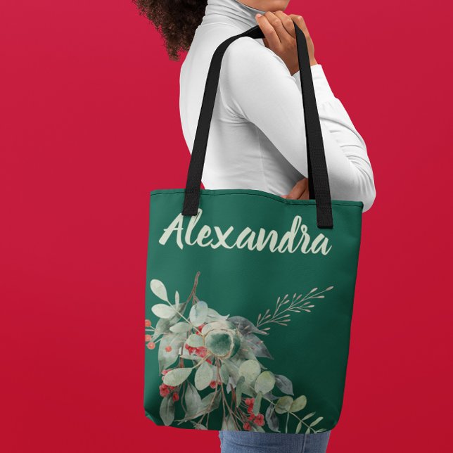 Tote Bag Vert foncé avec feuilles et baies à l'aquarelle &  (Créateur téléchargé)