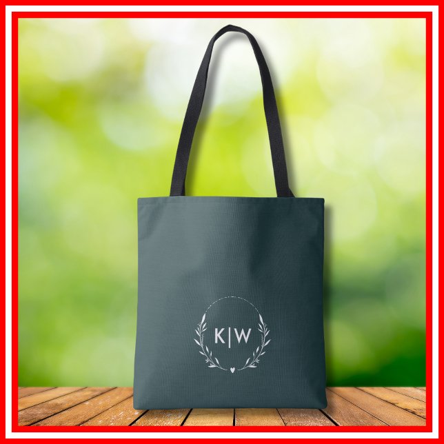 Tote Bag Vert forêt et blanc | Monogramme initiales moderne (Créateur téléchargé)