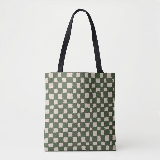 Tote Bag Vert Gris À Carreaux Élégant et Polyvalent (Devant)