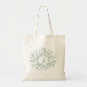 Tote Bag Vert gris sage de feuille d'initiale tirée par la