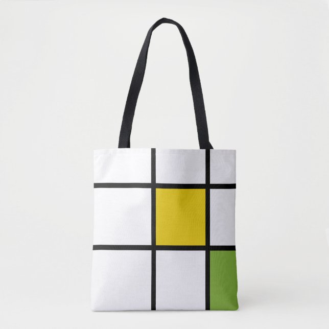 Tote Bag Vert Jaune et Noir dans le Style Mondrian (Devant)