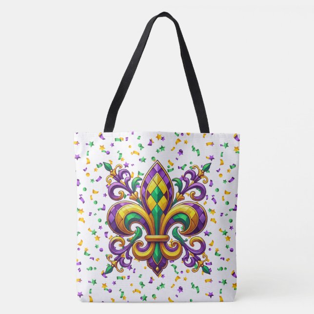Tote Bag Vert jaune pourpre Mardi Gras fleur de lis (Devant)