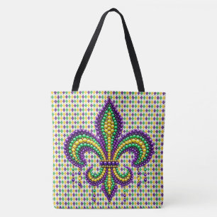 Tote Bag Vert jaune pourpre Mardi Gras fleur de lis