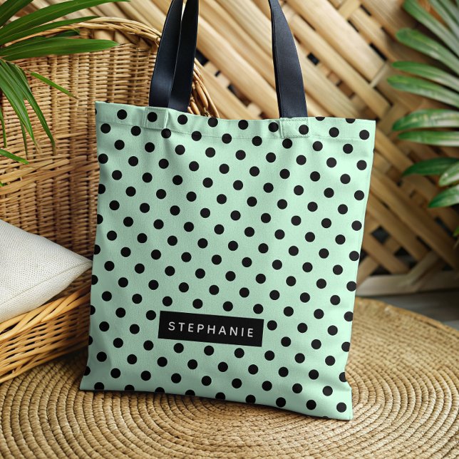 Tote Bag Vert Menthe Moderne à Points Noirs Personnalisé (Créateur téléchargé)