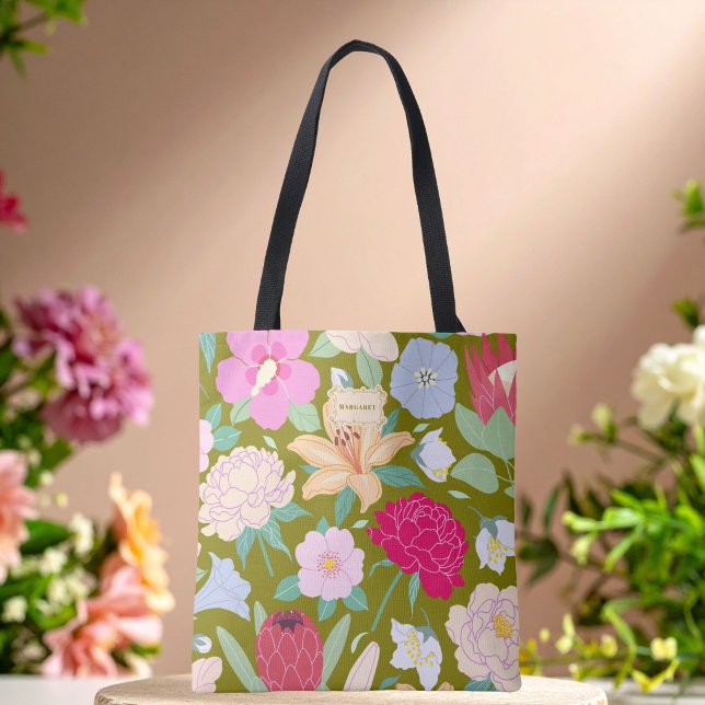 Tote Bag Vert olive floral chic tendance unique (Créateur téléchargé)