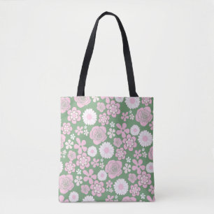 Tote Bag Vert rose blanc rétro Y2K les années 70 Fleur Moti