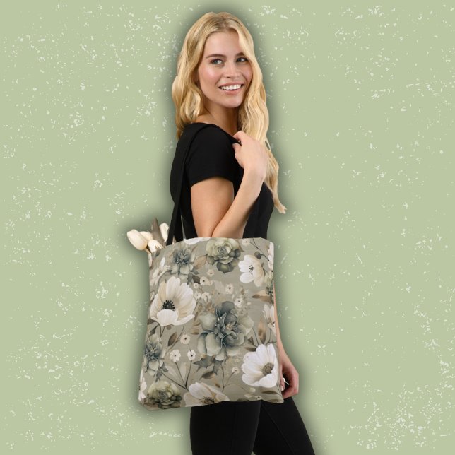 Tote Bag Vert Sage Et Floral Crème (Créateur téléchargé)