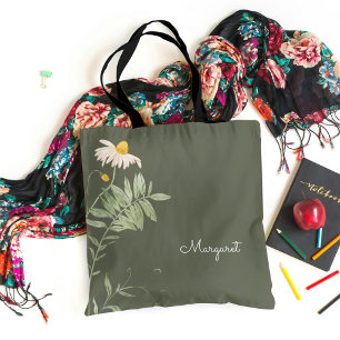 Tote Bag Vert sauge Daisy Floral Minimal