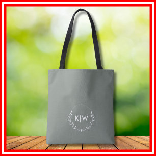 Tote Bag Vert sauge et blanc Monogramme initiales moderne