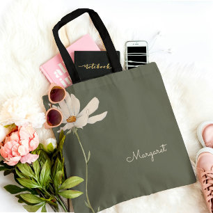 Tote Bag Vert sauge Fleur blanche Minimal Simple
