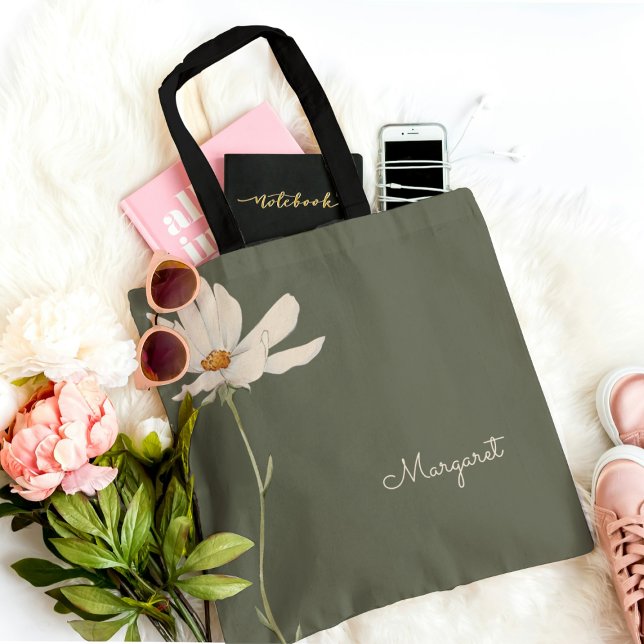 Tote Bag Vert sauge Fleur blanche Minimal Simple (Créateur téléchargé)