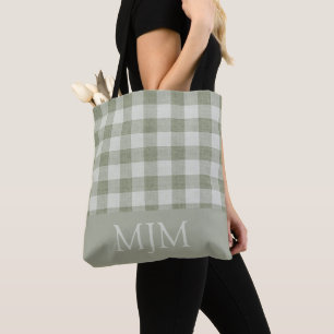 Tote Bag Vert Sauge Gingham Monogramme Nom Personnalisé
