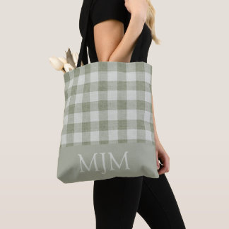 Tote Bag Vert Sauge Gingham Monogramme Nom Personnalisé