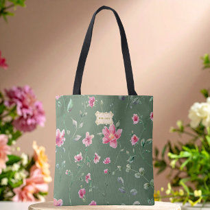 Tote Bag Vert sauge Motif de fleurs roses Tendance Classiqu