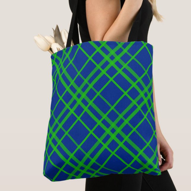 Tote Bag Vert Sur Bleu Tartan Plaid Design Motif (Créateur téléchargé)