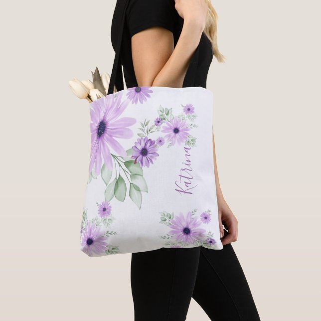 Tote Bag Vert violet personnalisé, Fleurs aquarelles (De près)