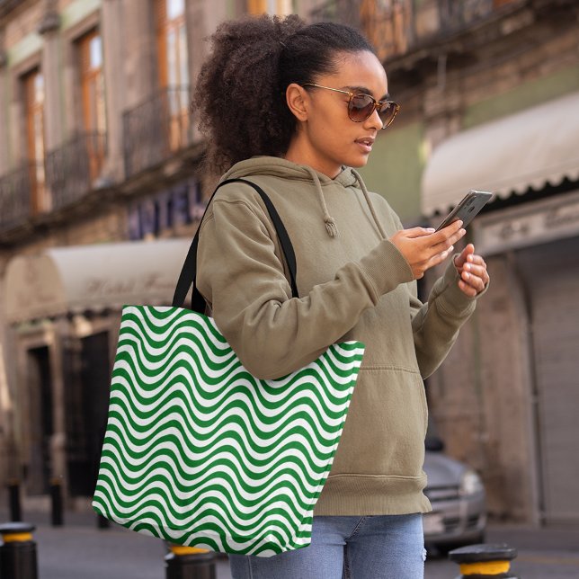 Tote Bag Vertes et blancs Grandes ondées Psychedéliques Hyp (Green & White Wavy Stripes Psychedelic Hypnotic Tote Bag, shopping bag, fashion bag, large tote bag)