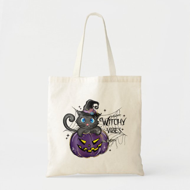 Tote Bag Vibes de cuisine | WItch Black Cat et Jack-O-Lante (Devant)