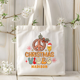 Tote Bag Vibes de Noël rétro super Paix Nom du signe