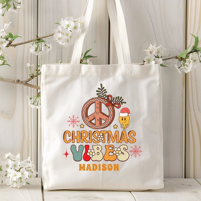 Tote Bag Vibes de Noël rétro super Paix Nom du signe (Créateur téléchargé)