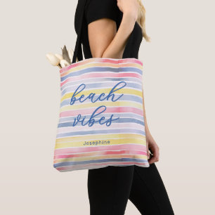 Tote Bag Vibes de Plage Aquarelle Rayure Pastel Personnalis