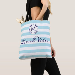 Tote Bag Vibes de plage Bleu blanc rayures Côtier Monogramm