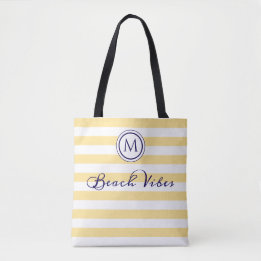 Tote Bag Vibes de plage Jaune blanc rayé Monogramme côtier
