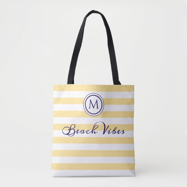Tote Bag Vibes de plage Jaune blanc rayé Monogramme côtier (Devant)