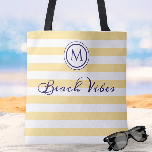 Tote Bag Vibes de plage jaune blanc rayure monogramme côtie (A summer tote bag with yellow and white stripes, custom monogram and script 'Beach Vibes' caption)