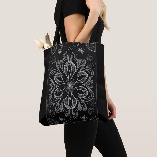 Tote Bag Vibrant Abstrait Floral Noir Et Gris (De près)