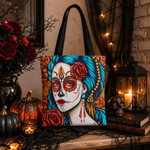 Tote Bag Vibrant La Catrina Crâne de Sucre Art Populaire 