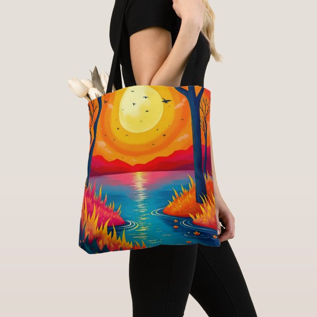 Tote Bag Vibrant Orange Sunset Lake Landscape Art (De près)