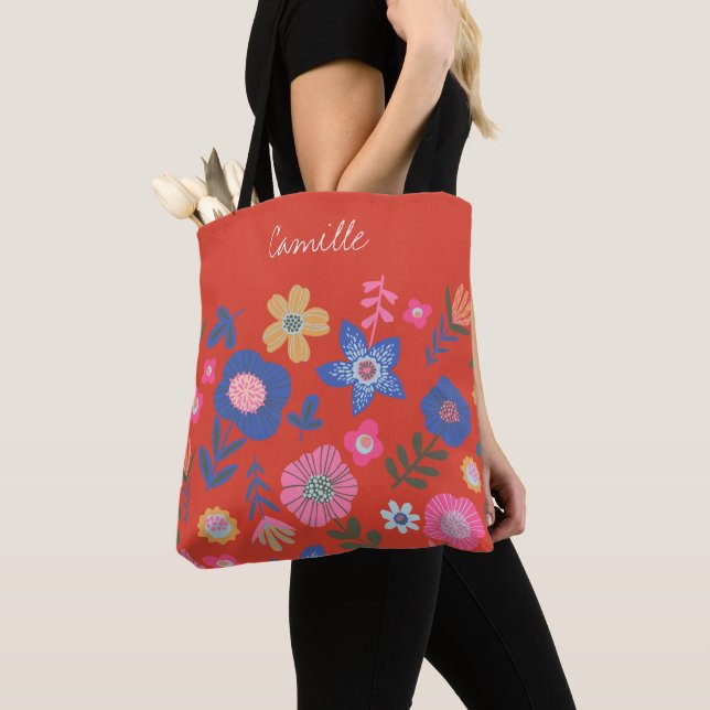 Tote Bag Vibrant Tropical Floral Rouge Personnalisé Script (De près)