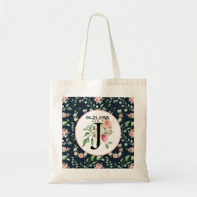 Tote Bag Victorian Rose Pattern Monogram, Wedding Date (Devant)