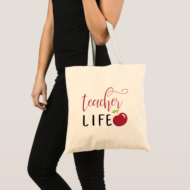 Tote Bag vie d'enseignant pomme rouge typographie enseignan (Devant (produit))
