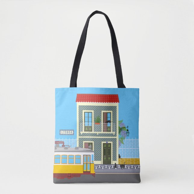 Tote Bag Vieille maison de Lisbonne avec chats et tramway j (Devant)
