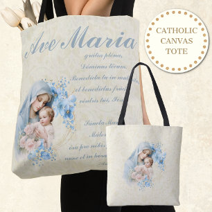Tote Bag Vierge catholique Marie Jésus Bleu Floral Ave Mari