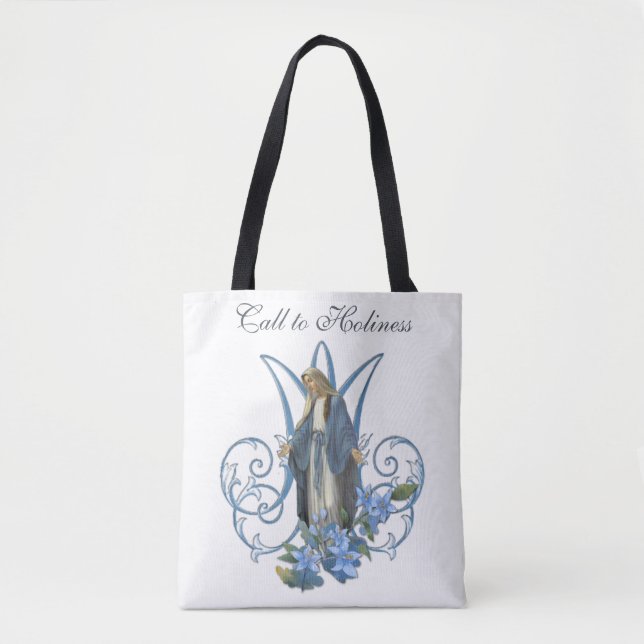 Tote Bag Vierge religieuse Marie Croix bleu Fleurs (Devant)