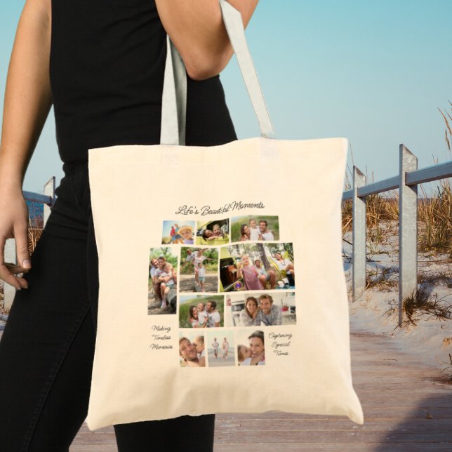 Tote Bag Vies beaux moments 11 Photo Collage initial (11 fave photos, positive quotes and initial on the other side)
