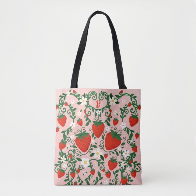 Tote Bag Vignes florales roses et rouges Cute aux fraises (Devant)