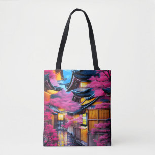 Tote Bag Village entouré de cerisiers en fleurs