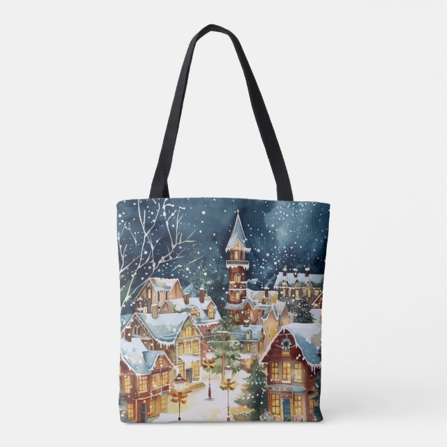Tote Bag Ville de Noël illustrative dans la neige (Dos)