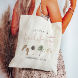 Tote Bag Vin Pays Personnalisé Bachelorette Party<br><div class="desc">Commencez la fête avec ces mignonnes totes personnalisées qui sont faciles à personnaliser pour votre bachelorette, la nuit, ou le week-end des filles! Boho, style champêtre, présente de délicates aquarelles illustrant des sandales, un palmier, des verres à champagne et du vin rouge avec des lettres d'accent rose rose poussiéreuses. Personnalisez...</div>