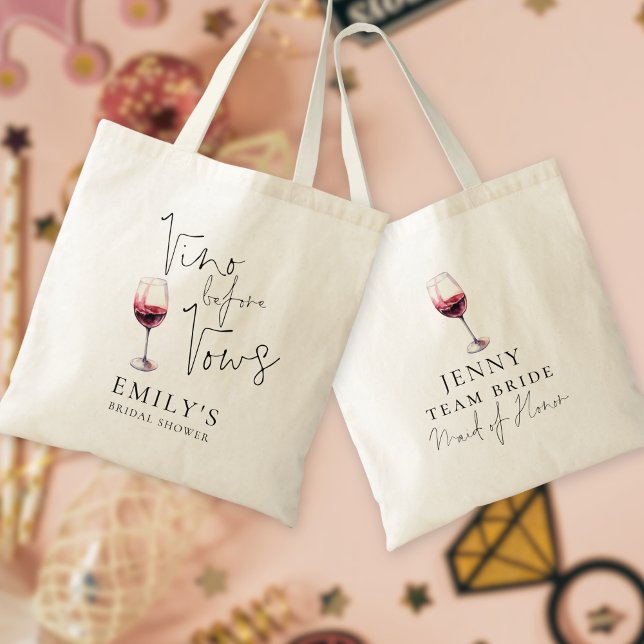 Tote Bag Vino Before Vows Maid of Honor Nom Fête des mariée (Front and back view)