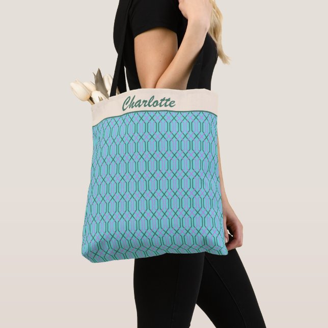 Tote Bag Vintage Aqua Blue Lines Motif personnalisé (De près)