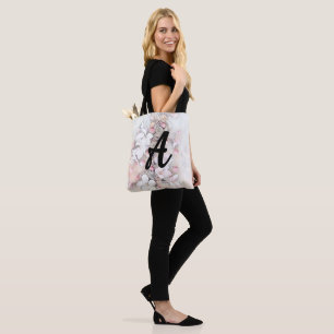 Tote Bag Vintage blanc cerisier rose dessin Monogramme