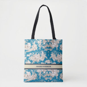Tote Bag Vintage bleu turquoise toile de jouy monogramme