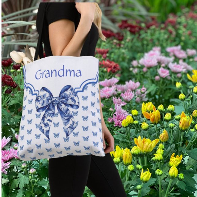 Tote Bag Vintage Blue White Butterfly Bow Personalized (Lovely personalized tote bag)